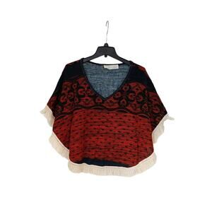 Vintage Havana Fringed Poncho Cape V-Neck Boho One Size Orange Blue